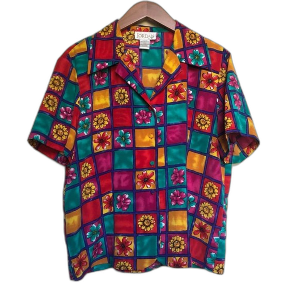 Jordan Vintage Flower Button-Up Size 12 Y2K Checkered Floral Power Comfy